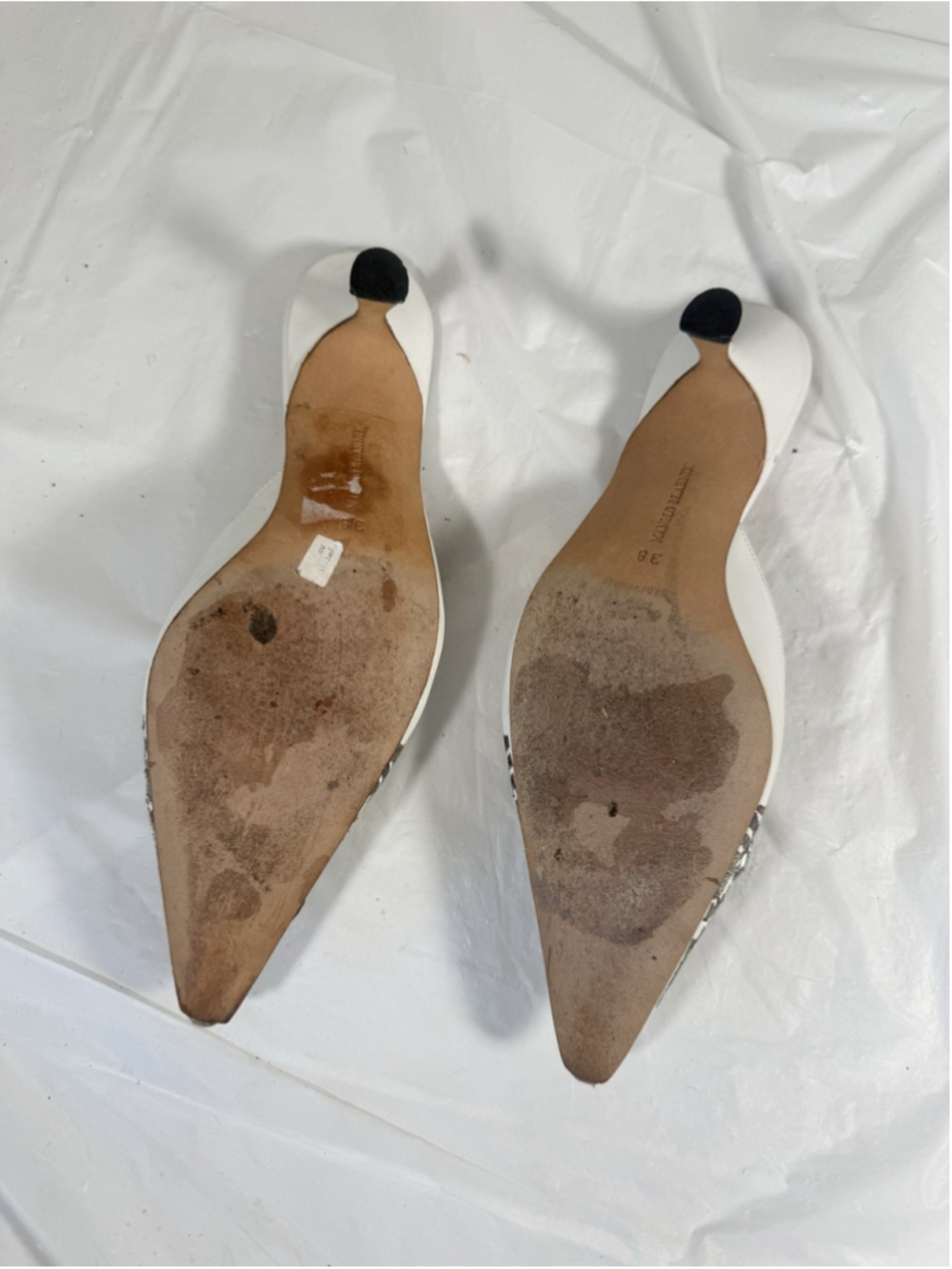 Manolo Blahnik Leather Mules White Graphic Print Crystals - Picture 6 of 14